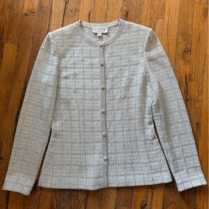 St. John Silver Embellished Cardigan with Rhinestone Detail & Metal Buttons Sz 6